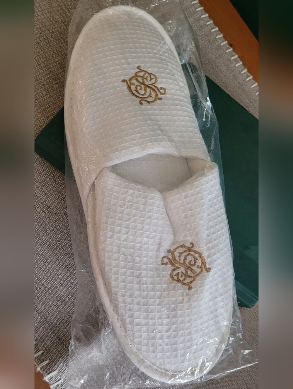 💚10 for $10💚 Bundle and save White Waffle Spa Slippers with Gold Embroidery
